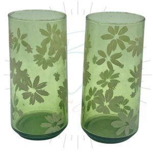 Vintage Libbey Green Daisy Raised Pattern Highball Tumbler Glasses Retired Set 2